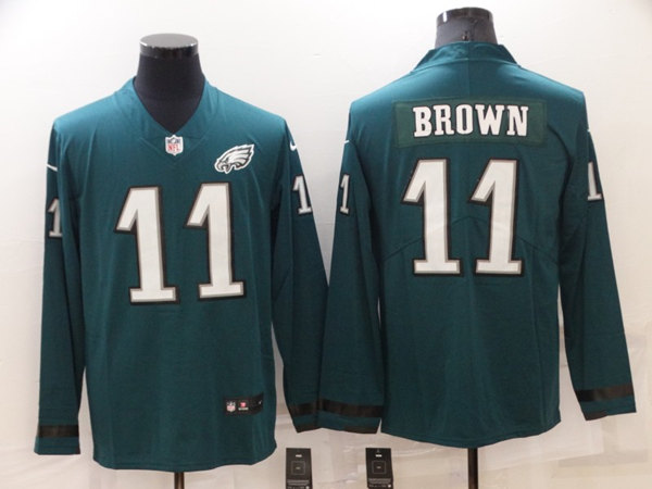 Men's Philadelphia Eagles #11 A. J. Brown Green Therma Long Sleeve Stitched Jersey